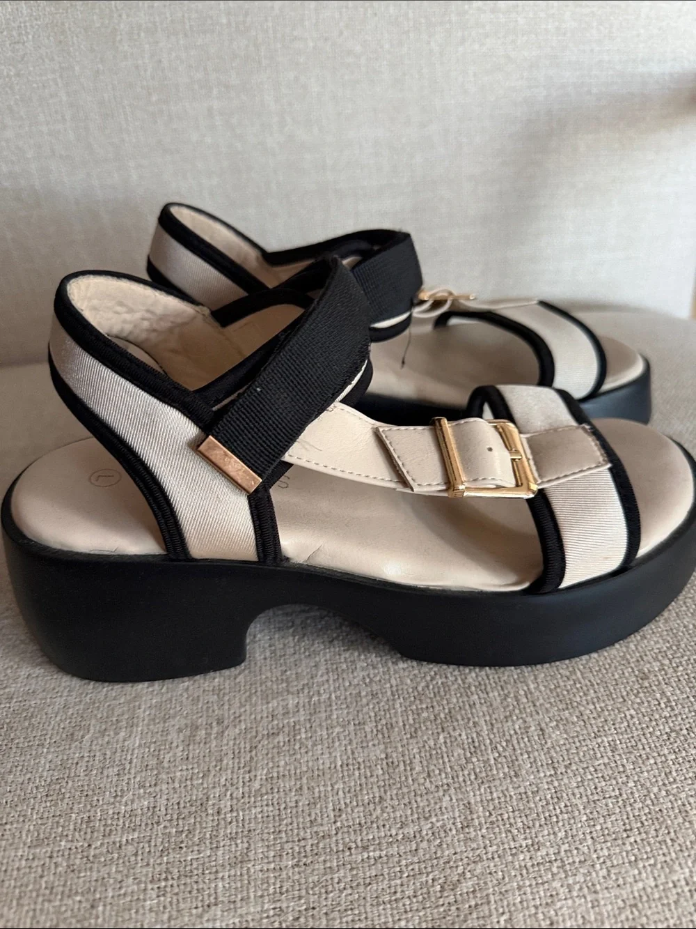 Black and Cream Platform Sandals with Gold Buckle Detail